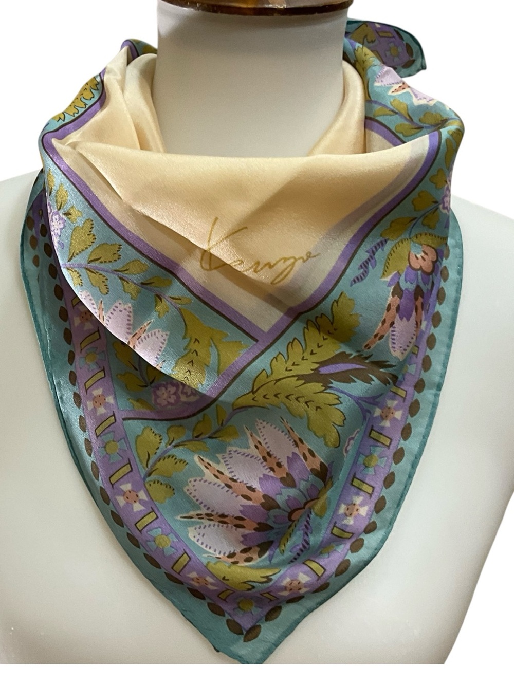Vintage Kenzo Signed Scarf Floral Border Teal Lavender Ivory 26”